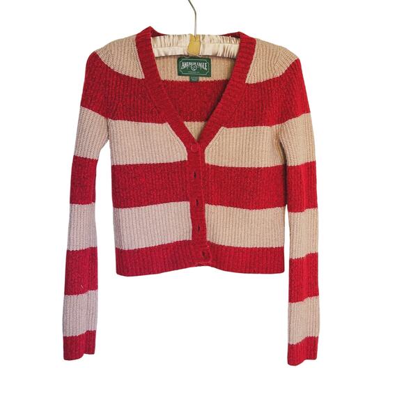American Eagle Red Cream Rugby Stripe Button Cardigan Sweater XS Academia Preppy - Picture 3 of 9